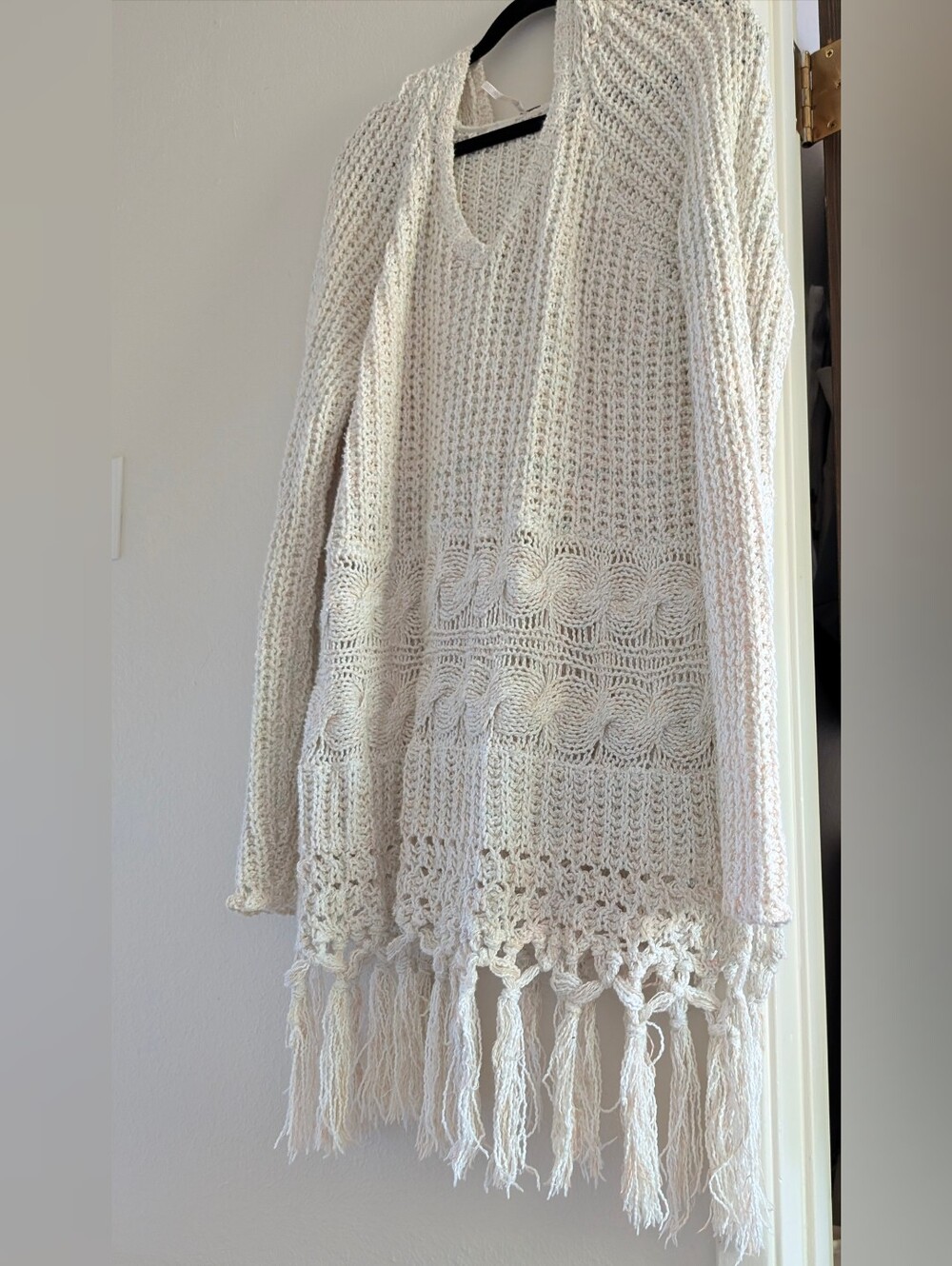 Free People Cream Cable Knit Cardigan with Braided Panels, Large